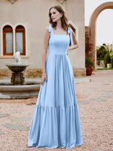 Robe Longueur au Sol en Mousseline à Encolure Carrée Bleu Ciel