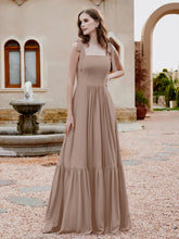 Robe Longueur au Sol en Mousseline à Encolure Carrée Taupe