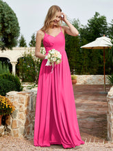 Robe en Mousseline à Bretelles Spaghetti et Col en V avec Fente Fuchsia