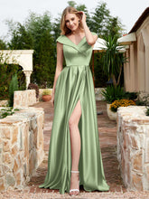 Robe en Satin à Mancherons et Col en V avec Poches Sauge Poudrée