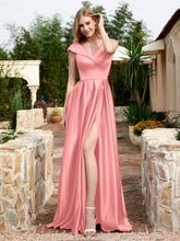 Robe en Satin à Mancherons et Col en V avec Poches Flamant