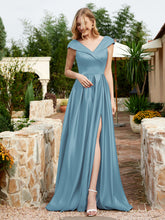 Robe en Satin à Mancherons et Col en V avec Poches Bleu de Schiste