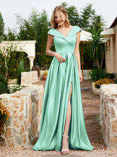 Robe en Satin à Mancherons et Col en V avec Poches Turquoise