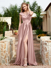 Robe en Satin à Mancherons et Col en V avec Poches Vintage Mauve