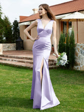 Robe en Satin à Col en V Plongeant avec Fente Lavande