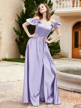 Robe en Satin à Manches Flottantes Hors de l'Épaule avec Poches Lavande