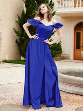 Robe en Satin à Manches Flottantes Hors de l'Épaule avec Poches Bleu Royale