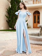 Robe en Satin à Manches Flottantes Hors de l'Épaule avec Poches Bleu Ciel