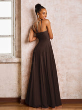Robe Demoiselle d'Honneur Mousseline à Col Licou Longueur au Sol Chocolat
