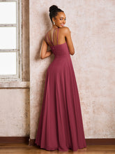 Robe Demoiselle d'Honneur Mousseline à Col Licou Longueur au Sol Cannelle Rose