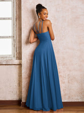 Robe Demoiselle d'Honneur Mousseline à Col Licou Longueur au Sol Bleu Encre