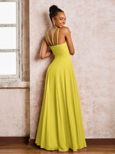 Robe Demoiselle d'Honneur Mousseline à Col Licou Longueur au Sol Citron