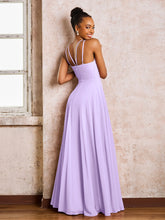 Robe Demoiselle d'Honneur Mousseline à Col Licou Longueur au Sol Lilas