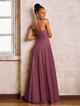 Robe Demoiselle d'Honneur Mousseline à Col Licou Longueur au Sol Mûre