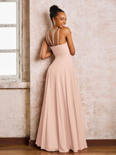 Robe Demoiselle d'Honneur Mousseline à Col Licou Longueur au Sol Rose Perle
