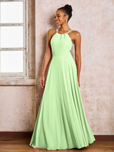 Robe Demoiselle d'Honneur Mousseline à Col Licou Longueur au Sol Sauge