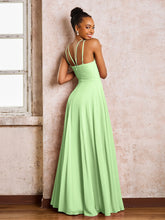 Robe Demoiselle d'Honneur Mousseline à Col Licou Longueur au Sol Sauge