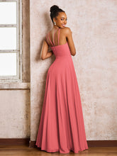 Robe Demoiselle d'Honneur Mousseline à Col Licou Longueur au Sol Pastèque