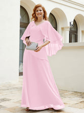 Robe Perlée Longueur au Sol avec Manches Flottantes à Col en V Rose Bonbon