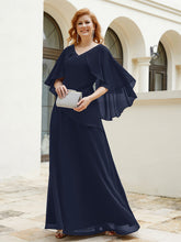 Robe Perlée Longueur au Sol avec Manches Flottantes à Col en V Bleu Marine