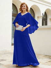 Robe Perlée Longueur au Sol avec Manches Flottantes à Col en V Bleu Royale