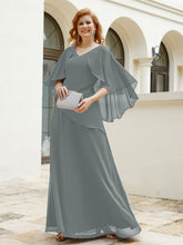 Robe Perlée Longueur au Sol avec Manches Flottantes à Col en V Gris Acier