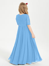 Robes de Demoiselle d'Honneur Junior en Dentelle à Demi-Manches Bleu