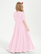 Robes de Demoiselle d'Honneur Junior en Dentelle à Demi-Manches Rose Bonbon