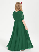Robes de Demoiselle d'Honneur Junior en Dentelle à Demi-Manches Vert Foncé