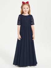Robes de Demoiselle d'Honneur Junior en Dentelle à Demi-Manches Bleu Marine