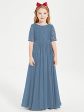 Robes de Demoiselle d'Honneur Junior en Dentelle à Demi-Manches Bleu de Schiste