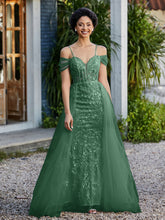 Robe de Soirée en Tulle Fourreau à Bretelles Spaghetti Vert Foncé