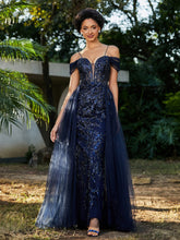 Robe de Soirée en Tulle Fourreau à Bretelles Spaghetti Bleu Marine Grande Taille