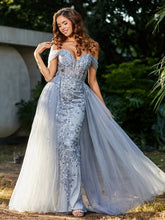 Robe de Soirée en Tulle Fourreau à Bretelles Spaghetti Argent