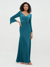 Robes Longues en Velours Sirène à Col en V avec Manches Bleu Encre