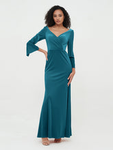 Robes Longues en Velours Sirène à Col en V avec Manches Bleu Encre