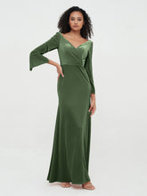 Robes Longues en Velours Sirène à Col en V avec Manches Olive Verte