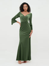 Robes Longues en Velours Sirène à Col en V avec Manches Olive Verte