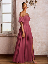 Robe en Mousseline à Col Carré avec Manches Flottantes et Fente Cannelle Rose