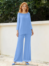 Pantsuit Perlé en Mousseline à Col en Scoop Longueur au Sol Bleu