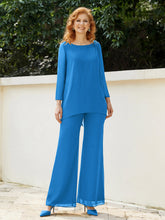Pantsuit Perlé en Mousseline à Col en Scoop Longueur au Sol Bleu Océan