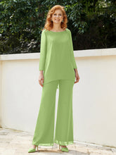 Pantsuit Perlé en Mousseline à Col en Scoop Longueur au Sol Sauge