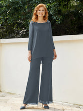 Pantsuit Perlé en Mousseline à Col en Scoop Longueur au Sol Bleu de Schiste