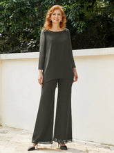 Pantsuit Perlé en Mousseline à Col en Scoop Longueur au Sol Gris Acier