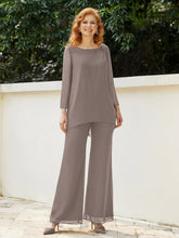 Pantsuit Perlé en Mousseline à Col en Scoop Longueur au Sol Taupe