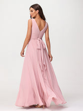 Col en V Mousseline Robe Longue avec Nœud Rose Poudré