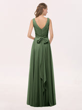 Col en V Mousseline Robe Longue avec Nœud Olive Verte