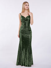 Bretelle Spaghetti Paillettes Robe avec Col en Cœur Olive Verte