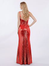 Bretelle Spaghetti Paillettes Robe avec Col en Cœur Rouge