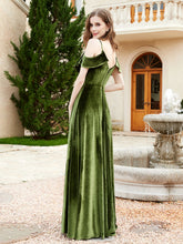 Robe de A-ligne en Velours à Col en V avec Fente Olive Verte